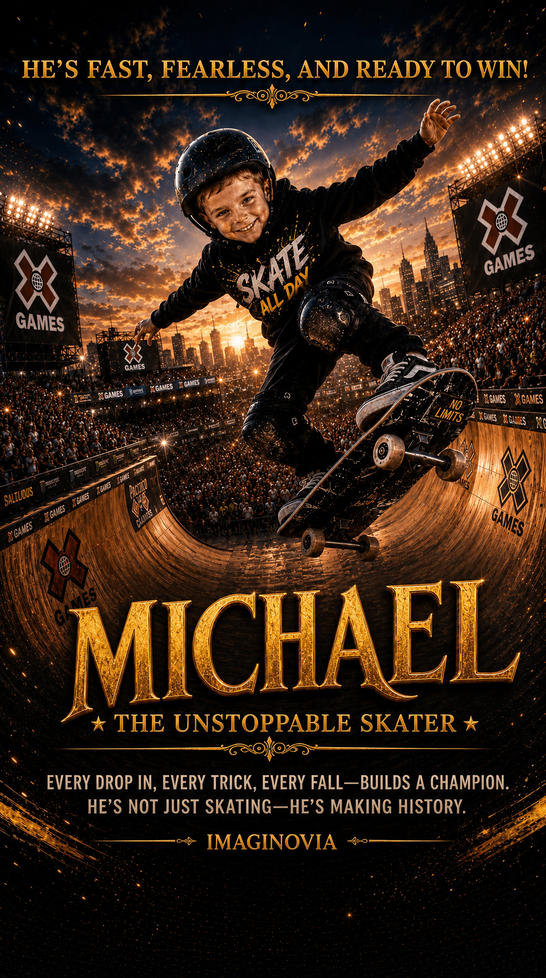 Life-Size - 40" x 28" Premium Personalized X-Games Skater Star Portrait -Vibrant Colors-FREE US Shipping
